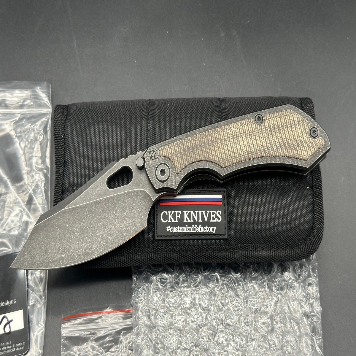 (Custom Knife Factory) CKFRotten EVO 30D 544 Hollow Ground M390 Blade Full Blackwash OD Green Micarta Inlays