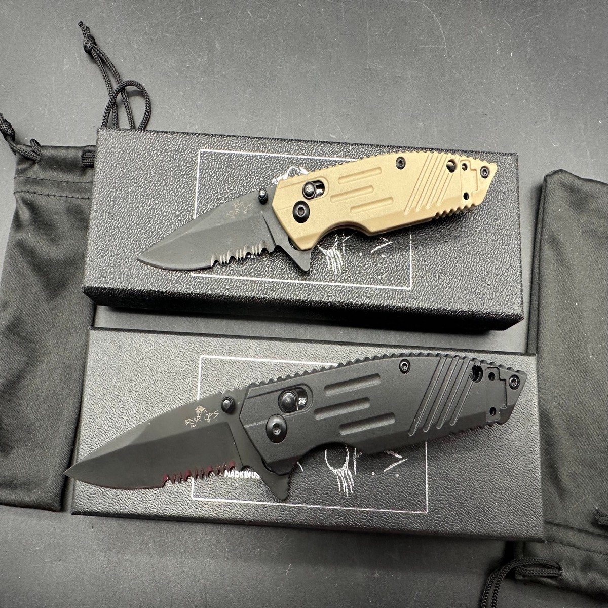 2 Knife deal Bear OPS Rancor D2 Black and Tan Serrated Black Zytel Handles
